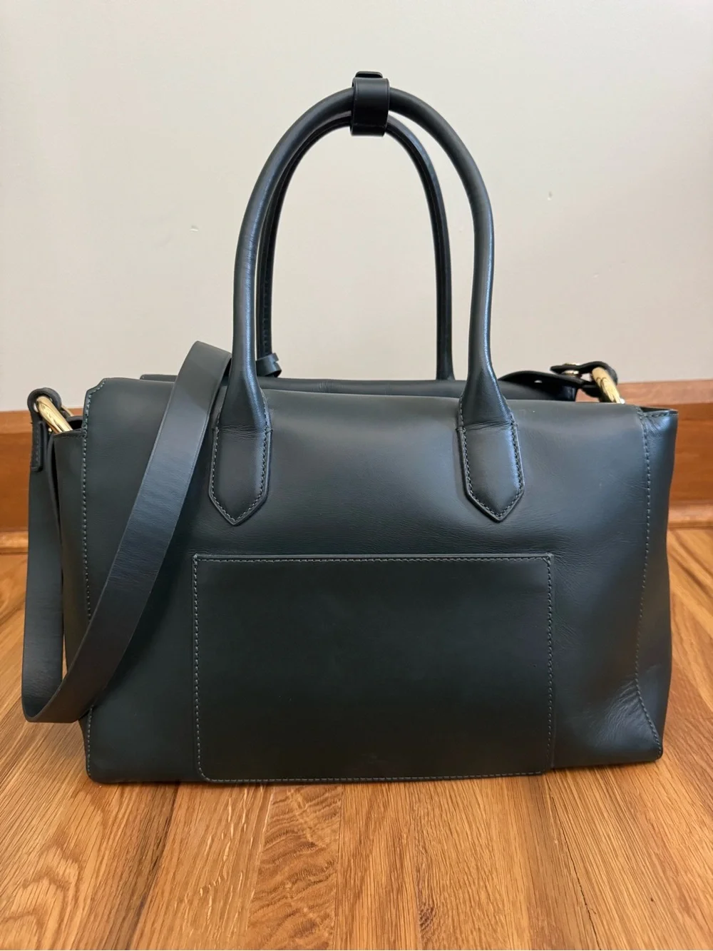 J. Crew Hunter Green Leather Satchel with Top Handles and Crossbody Strap